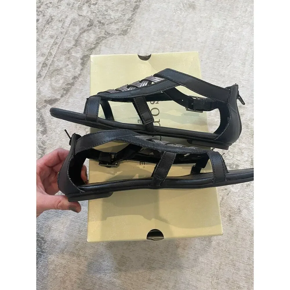 Kohls Sonoma Style Sandals Black Metallic Gray‎ Sz 8 Buckle Zip Close EUC W/ Box